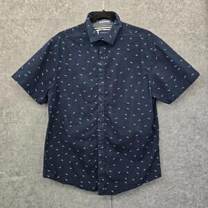 Denim & Flower‎ Shirt Men Large White Blue White Bird Pattern Hawaiian Slim Fit